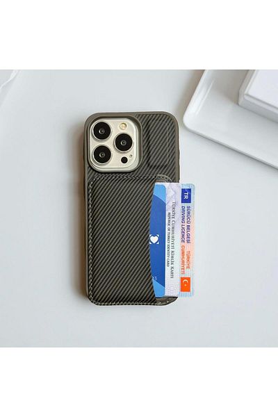 CPSTORE iPhone 16E Compatible Premium Leather Magsafe Wallet Card Holder Stand Carbon Detailed Protective Case