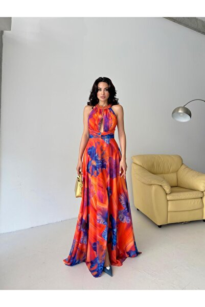 Serica Moda Orange Patterned Halter Neckline Design Chiffon Evening Dress