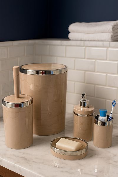 MAKRİ HOME 5 Piece Acrylic Bathroom Set, Stylish and High Quality Acrylic, Silver Color Detail, Salmon Marble Pattern