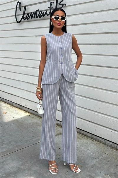 modamtn Striped Viscon Linen Vest Comfortable Suit 10121