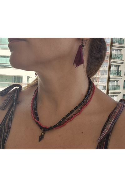 Pinkimaj Authentic Necklace and Earrings Sand Bead Vintage Summer Necklace