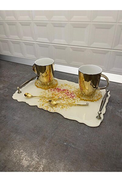 SART Creative Epoxy Serving Tray Set with Cups, Stand and Spoons - 35x21 Cm