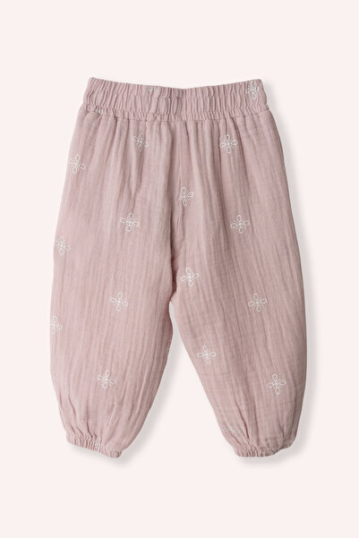 Panço Kız Bebek Nakışlı Müslin Pembe Pantolon