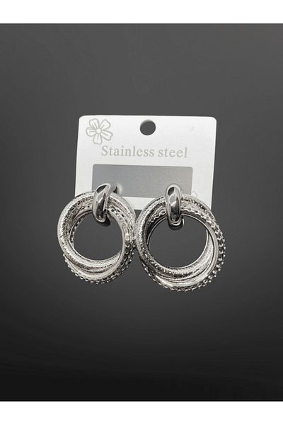 FM Silver Color Multiple Ring Shiny 316L Steel Women Earrings |   Modern Texture