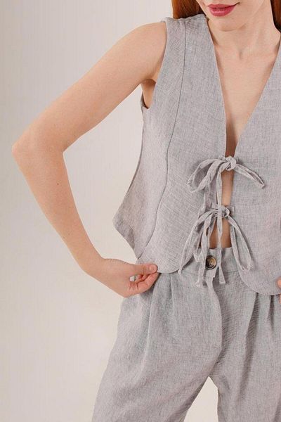 modamtn Vest and Trousers Gray Double Set with Front Tie Detail