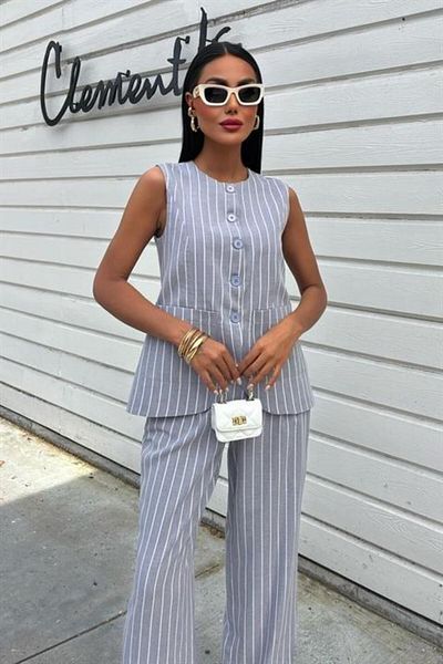 modamtn Striped Viscon Linen Vest Comfortable Suit 10121
