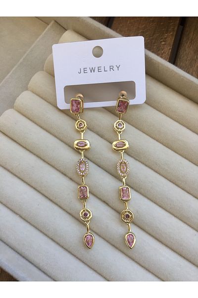 GUNESTAKI Gold Pink Colored Stone Geometric Model Zircon Earrings