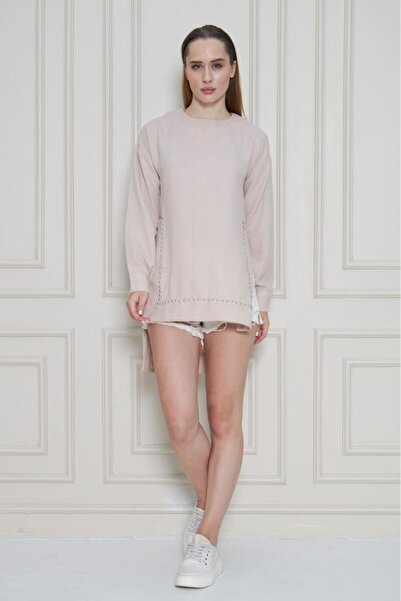 Pasaklı Giyim Γυναικείο πέτρινο Premium λινό μπαμπού ύφασμα μακρυμάνικο μαργαριτάρι διακοσμημένο μπλούζα 3733380