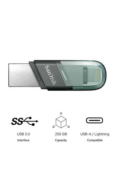 SanDisk 256GB iXpand Flash Drive Flip Read Speed 130 MBps USB Type A + Lightning
