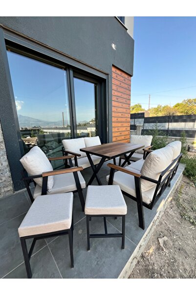 Kırlenta 2 2 1 1 + 2 ADET PUF KREM Yemek Masası Bahçe Takımı Balkon Takımı Bahçe Seti Oturma Grubu