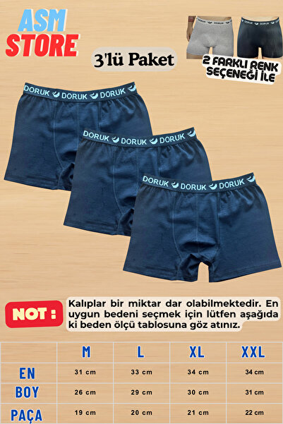 Doruk Erkek Boxer 3'lü Paket %100 Pamuk Penye Rahat Esnek Gri-Siyah İç Çamaşırı