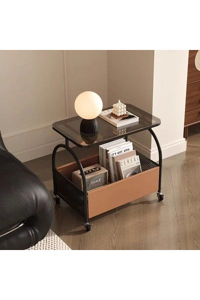 FOXMAG24 Portable table with storage compartment, glass top, metal frame, dimensions 56 x 55 x 36 cm, black