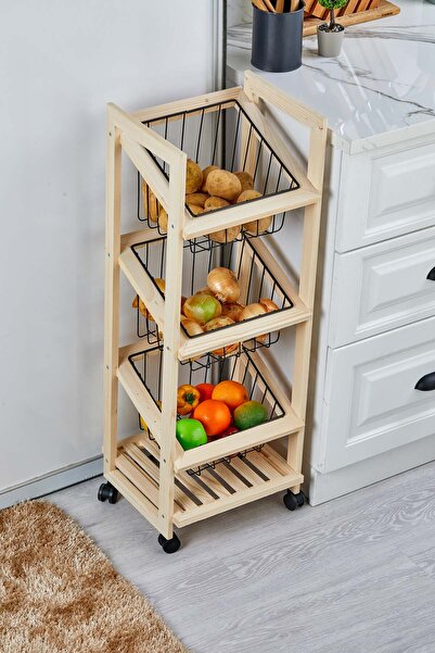 Turkco Doğal & Metal Serisi Tekerlekli Mutfak Rafı - 3 Sepetli Ahşap Sebzelik...