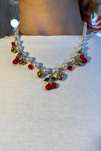 MIRADA JEWELRY Vintage Pearl Cherry and Heart Charml Necklace
