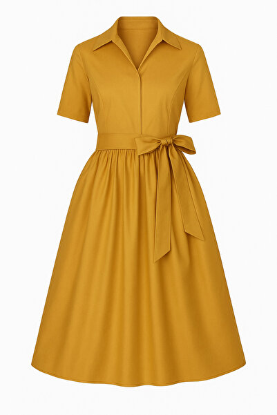 MERT ERKAN فستان قميص من التفتا بأكمام قصيرة وحزام متوسط ​​الطول كاجوال/أنيق