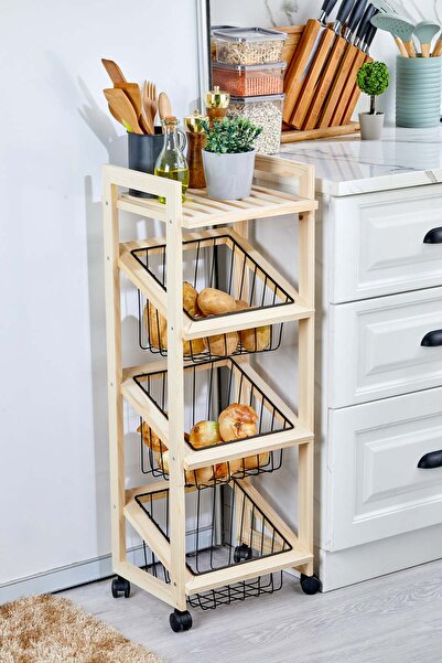 Turkco Doğal & Metal Serisi Tekerlekli Mutfak Rafı - 3 Sepetli Ahşap Sebzelik...