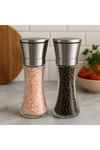 CEZVE HOME Cam Gövdeli Paslanmaz Çelik Kapaklı Baharat Öğütücü Değirmen Tuzlu...