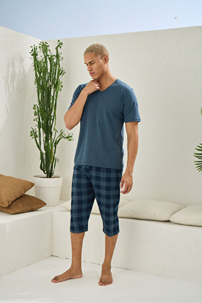 İpek Men's Short Sleeve V Neck 100% Cotton Capri Pajama Set