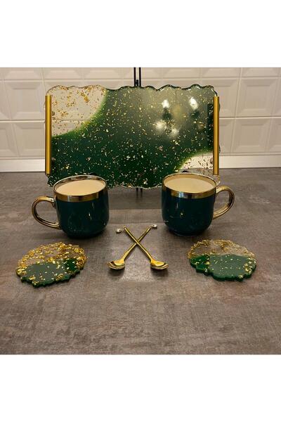 SART Creative Epoxy Serving Tray Set with Cups, Stand and Spoons - 35x21 Cm