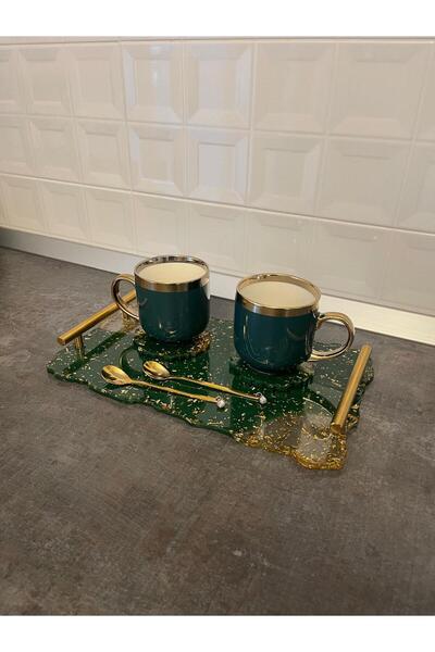 SART Creative Epoxy Serving Tray Set with Cups, Stand and Spoons - 35x21 Cm