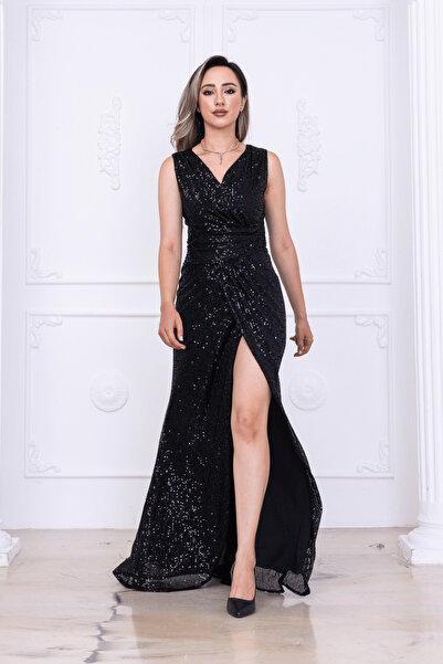 BEYBOS Pul Payet Kumaş Balık Abiye Elbise - SİYAH