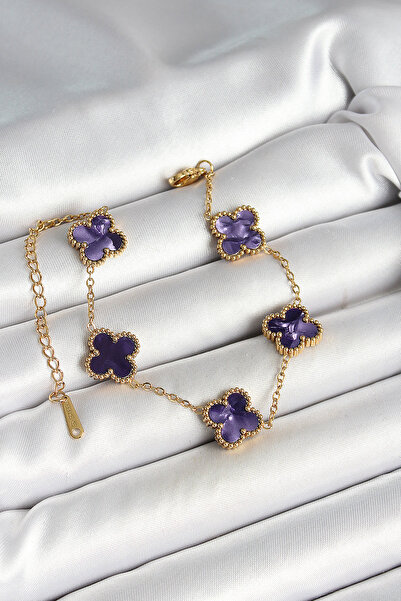 Skygo 316L Steel Pearlescent Purple Gold Color Clover Women's Bracelet - Tj-B...