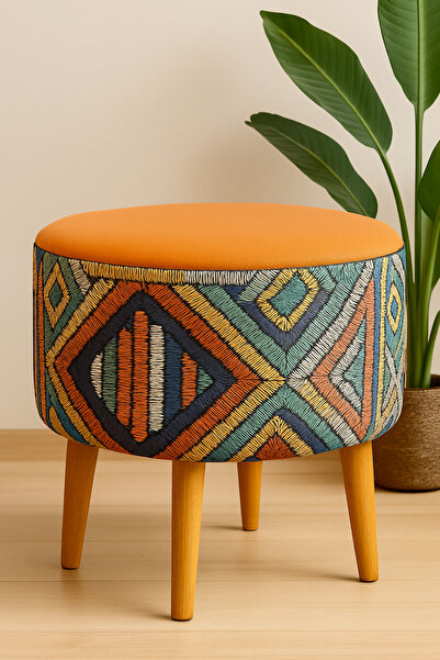DEKOR MOBİLYACIM Albatros Retro Gürgen Ahşap Ayaklı Dekoratif Etnik Üst Turuncu Desenli Silindir Puf Bench Koltuk