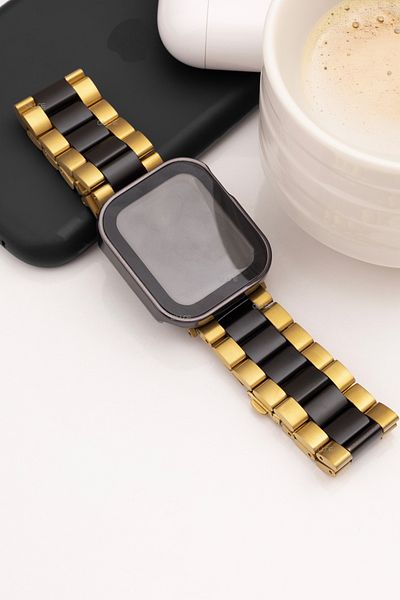 Quse سلك معدني من الفولاذ المقاوم للصدأ، متوافق مع ساعة Apple Watch SE/10/9/8/7/6/5/3، 46 ملم/45 ملم/44 ملم، ذهبي/أسود