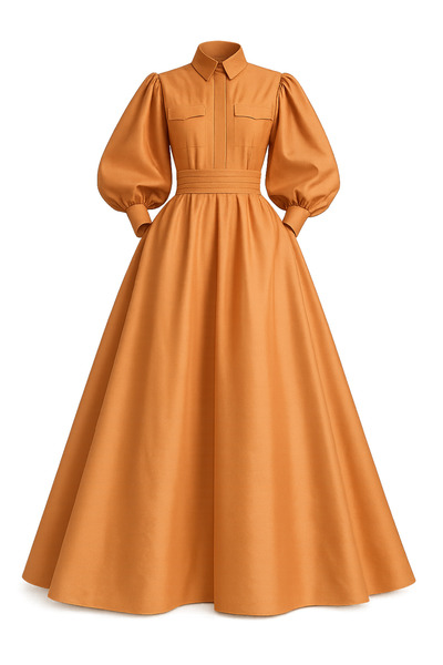 MERT ERKAN Balon Kollu, Kuşaklı & Cep Detaylı Tafta Maxi Elbise