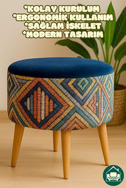 DEKOR MOBİLYACIM Albatros Retro Gürgen Ahşap Ayaklı Dekoratif Etnik Üst Lacivert Desenli Silindir Puf Bench Koltuk