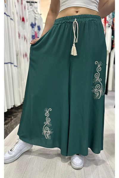 zahı collection Women's Navy Blue Elastic Waist Embroidery Detailed Loose Cut Viscose Trousers