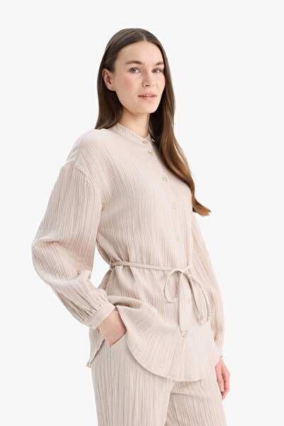 DeFacto E1107 Beige Relax Fit Basic Plain Lace Muslin Long Sleeve Shirt