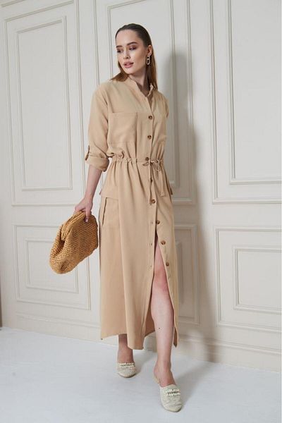 Pasaklı Giyim Women's New Season Crepe Pocket Long Foldable Sleeve Drawstring Beige Dress Summer Casual Wear 3734473