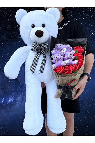 lenostra Büyük Beyaz Ayıcık ve Kırmızı Güllü Mor Ayıcıklı Buket - Anneye Hedi...