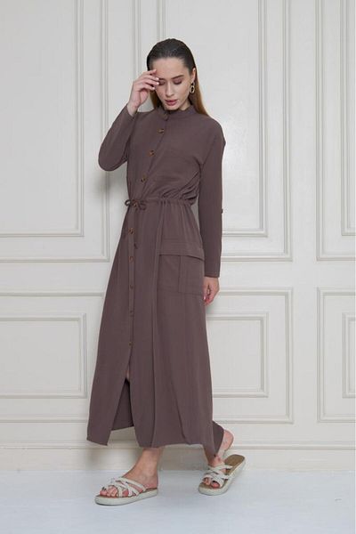 Pasaklı Giyim Women's New Season Crepe Pocket Long Foldable Sleeve Drawstring Brown Dress Summer Casual 3734473