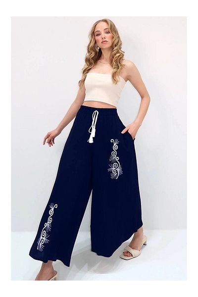 zahı collection Women's Navy Blue Elastic Waist Embroidery Detailed Loose Cut Viscose Trousers