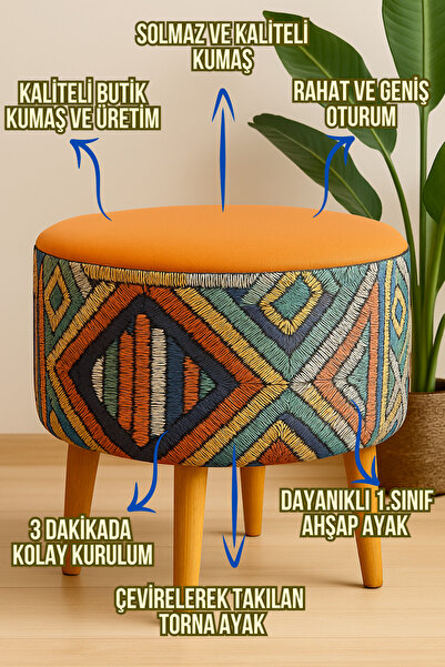 DEKOR MOBİLYACIM Albatros Retro Gürgen Ahşap Ayaklı Dekoratif Etnik Üst Turuncu Desenli Silindir Puf Bench Koltuk