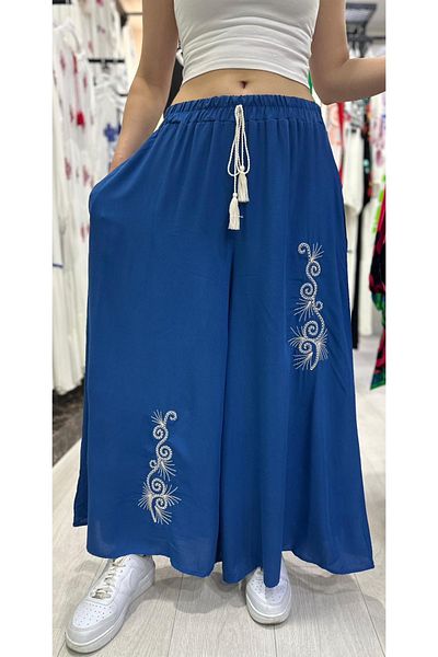 zahı collection Women's Navy Blue Elastic Waist Embroidery Detailed Loose Cut Viscose Trousers