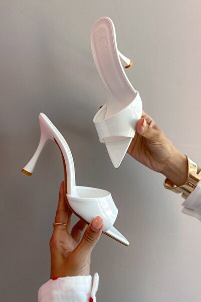 Shoebutik Alora White Patent Leather Women's Heeled Slippers