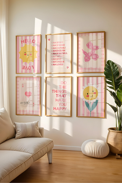 Home 6'lı Günlük Olumlamalar, Çocuk Odası Dekorasyonu, Kız Çocuk Odası seti, Çerçevesiz Poster seti