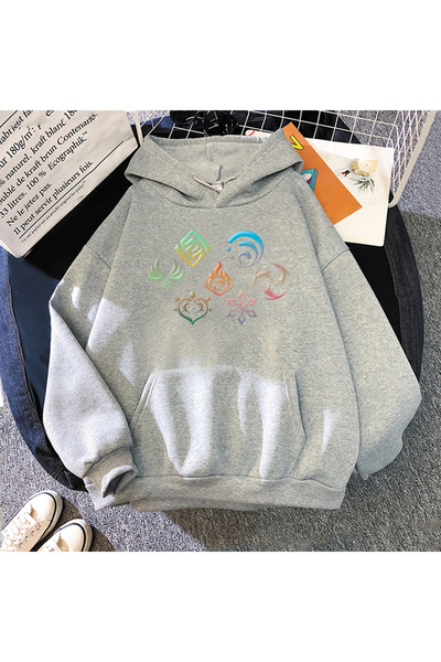 Tarzsokak Γκρι Unisex Genshin Impact Element Hoodies Streetwear με στάμπα Ulz...
