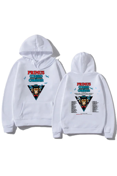 Tarzsokak Бяла унисекс ретро рок музика Primusss графичен принт рокля с качул...