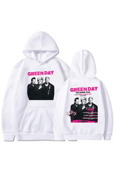 Tarzsokak Hanorace grafice albe unisex Green Day The Saviors Tour 2025, cu mâ...