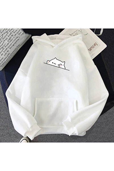 Tarzsokak Beyaz Unisex Hoodie sevimli rahat karikatür kedi baskı moda kore ta...