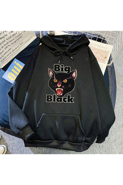 Tarzsokak Hanorac negru unisex cu bandă neagră, cu imprimeu grafic cu pisici,...