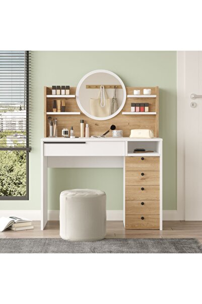 Yurupa Bohem Makyaj Masası 100cm Aynalı Çekmeceli Şifonyer Raf Sepet-beyaz BO...