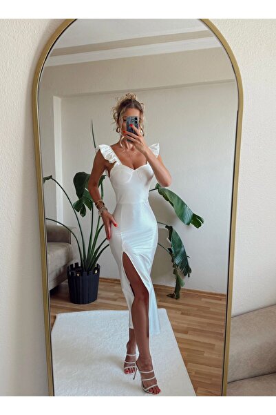 sajarsln Saten Likralı Yarasa Omuz Elbise Beyaz