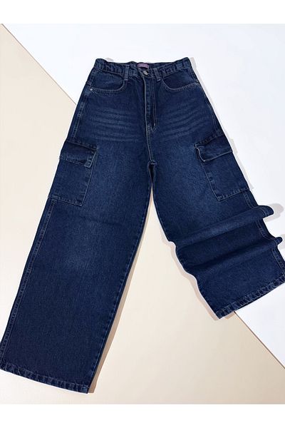 Asortik Kids Girls' 100% Cotton Baggy Fit Cargo Pocket Wide Leg Loose Cut Jean Trousers-824