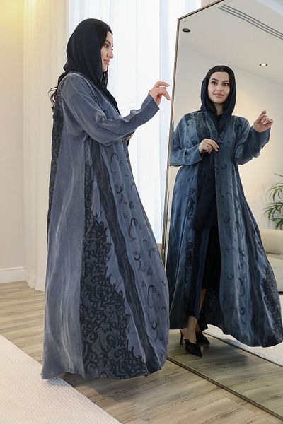 elegant veil Turkish silk abaya with delicate black and gray motifs