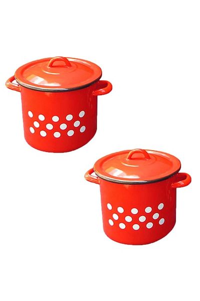 MetaloChimice Pachet - 2 x Oala emailata rosie cu buline albe cu capac, 15L